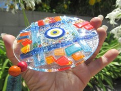 Fused Glass Round Evil Eye Mosaic Decor Wall Hanging, ~10″ long, 5″ diameter