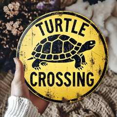 Vintage Aluminum Sign Turtle Crossing 8 Inch Round Durable Funny Plaque