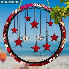 Hanging Red White Stars Round Acrylic Suncatcher Holiday Window Hanging Decor