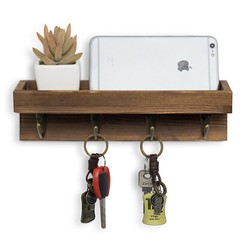 MyGift Dark Brown Wood Entryway Hanging Storage Shelf with 4 Metal Key Hooks
