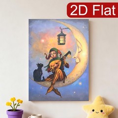 Jester with Black Cat on Crescent Moon Canvas Wall Art, Whimsical Fantasy Decor
