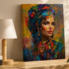 Colorful Turban Woman Portrait Canvas Wall Art Ethnic Abstract Painting Home