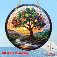 Tree of Life Landscape Round Acrylic Suncatcher Window Hanging Home Garden Decor