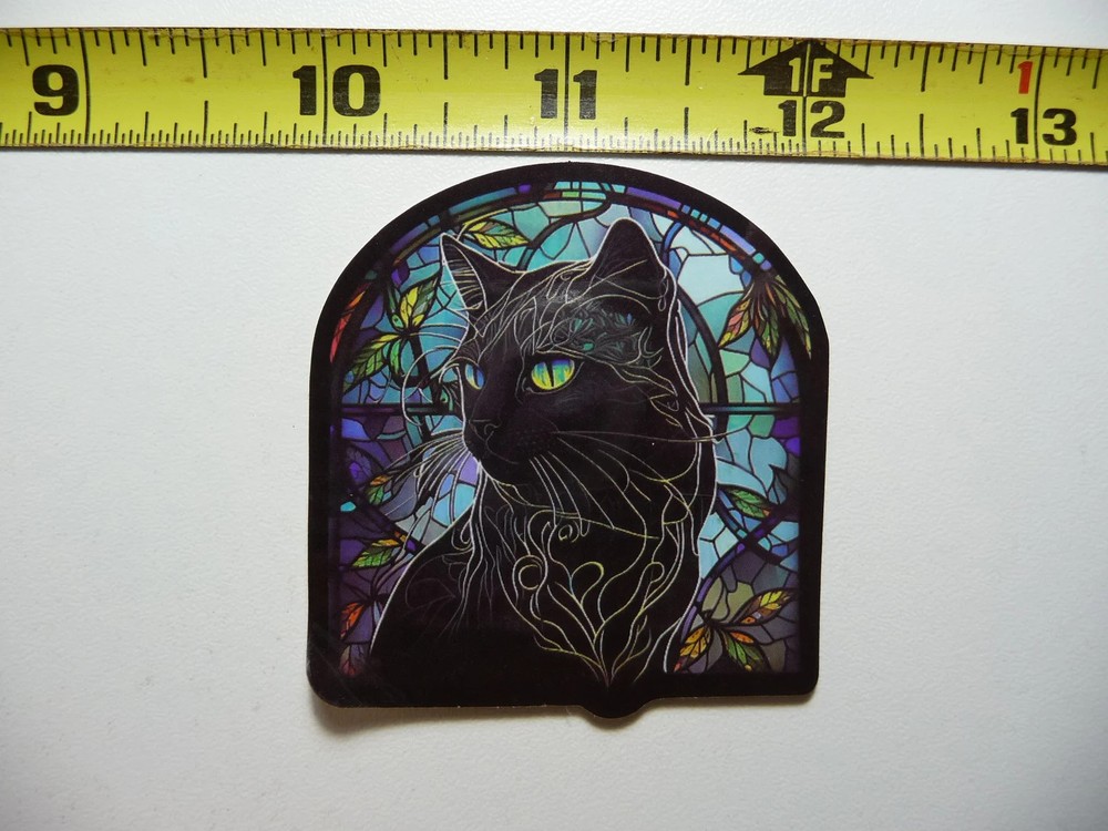 BLACK CAT LEFT CURVES SMALL STICKER DECAL STAINED GLASS STYLE BEAUTIFUL COLORS
