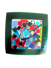 Fused Art Glass Multicolor Dichroic Square Trinket Candy Dish Plate 7×7 Inches