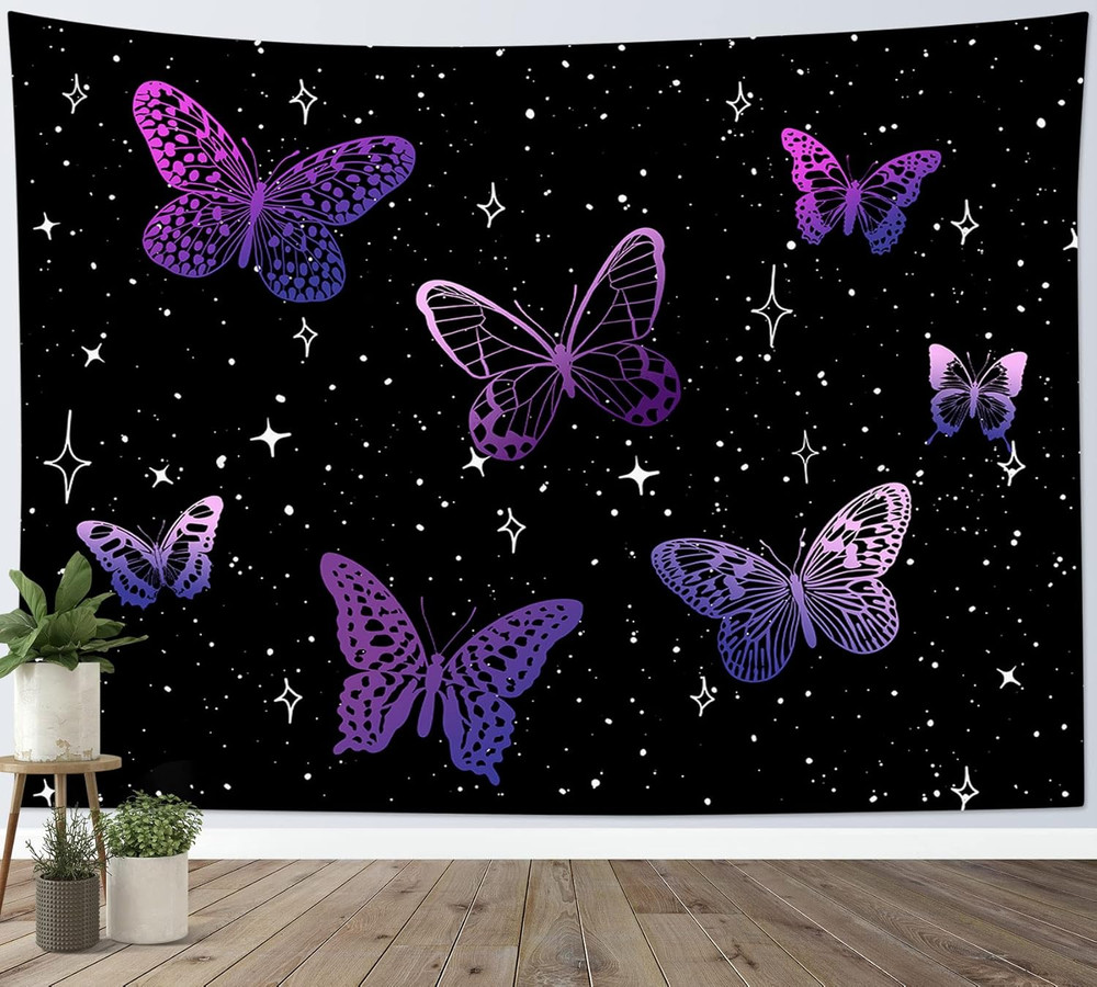 Purple Butterfly Tapestry Wall Hanging Black Starry Night Sky with Celestial Gal
