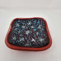 Fused Glass Red Batik Style Serving or Trinket Dish