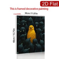 Yellow Bird Standing Out Among Black Crows Canvas Wall Art,Unique Wildlife Decor