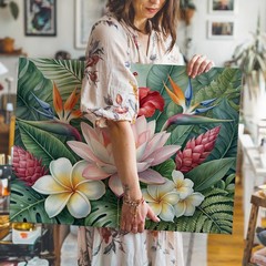 Tropical Flower Canvas Wall Art with Lotus Hibiscus Plumeria & Bird of Paradise