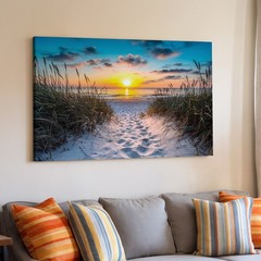 Sunset Beach Path Canvas Wall Art Coastal Ocean Landscape Nature Print Decor