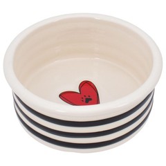Demdaco Heart w/Paw Print & Black Stripe Pet Bowl White Stoneware Medium 7″Dx3″H