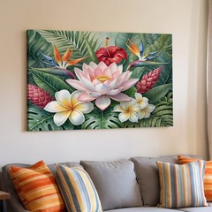 Tropical Flower Canvas Wall Art with Lotus Hibiscus Plumeria & Bird of Paradise