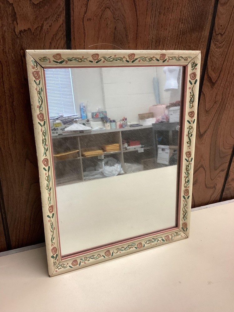 Hand Painted Rose Border Wood Wall Mirror Cottage Shabby Chic Rectangular Decor