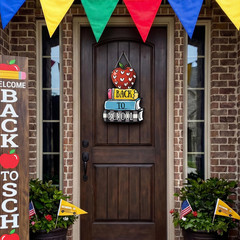 Smile Back to School Wooden Door Sign – Apple, Pencil & Book Stack Wall Decor fo