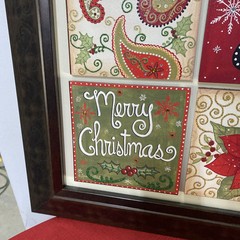 Framed Set Of 4 Wood Squares Christmas Themed Stocking, Holly, Poinsettias 18X18