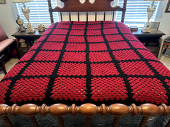 Vintage Crochet Throw Afghan Blanket 60×78 Deep Red Squares Outlined in Black