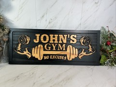 Personalized Carved Wood Sign~”JOHN’S GYM” No Excuses~Custom Made Black~NICE!