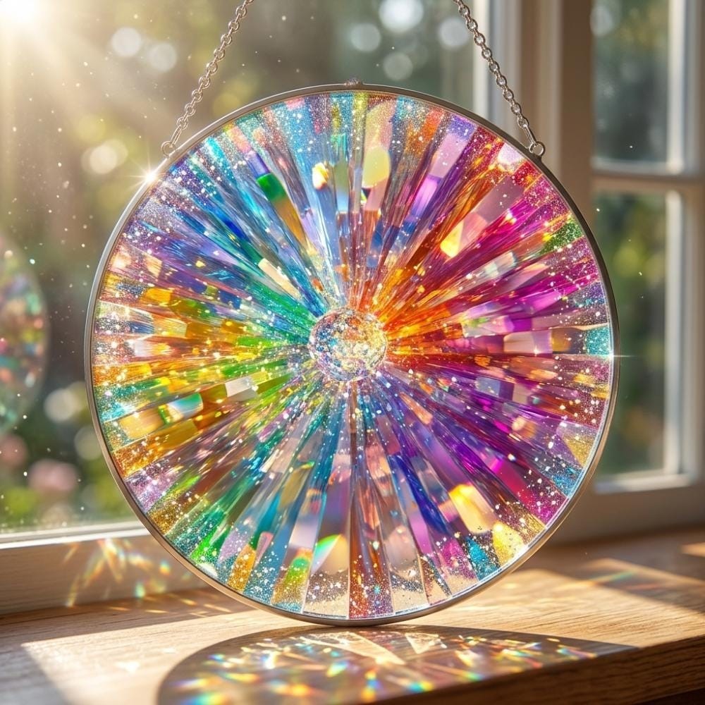 Rainbow Crystal Prism, Holographic Stained Glass Window Hanging,