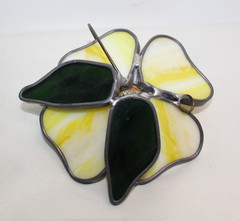 Vintage Leaded Stained Glass SunCatcher Yellow Daisy Flower w/ Butterfly