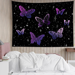 Purple Butterfly Tapestry Wall Hanging Black Starry Night Sky with Celestial Gal