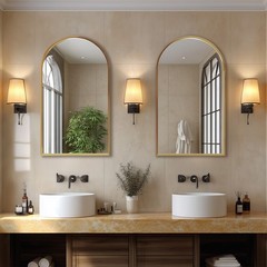 Gold Arched Wall Mounted Bathroom Metal Frame Vanity Mirror w/Shatterproof Glass