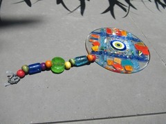 Fused Glass Round Evil Eye Mosaic Decor Wall Hanging, ~10″ long, 5″ diameter
