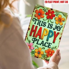 Retro Garden Decor Metal Sign This Is My Happy Place Colorful Floral Plaque 12×8