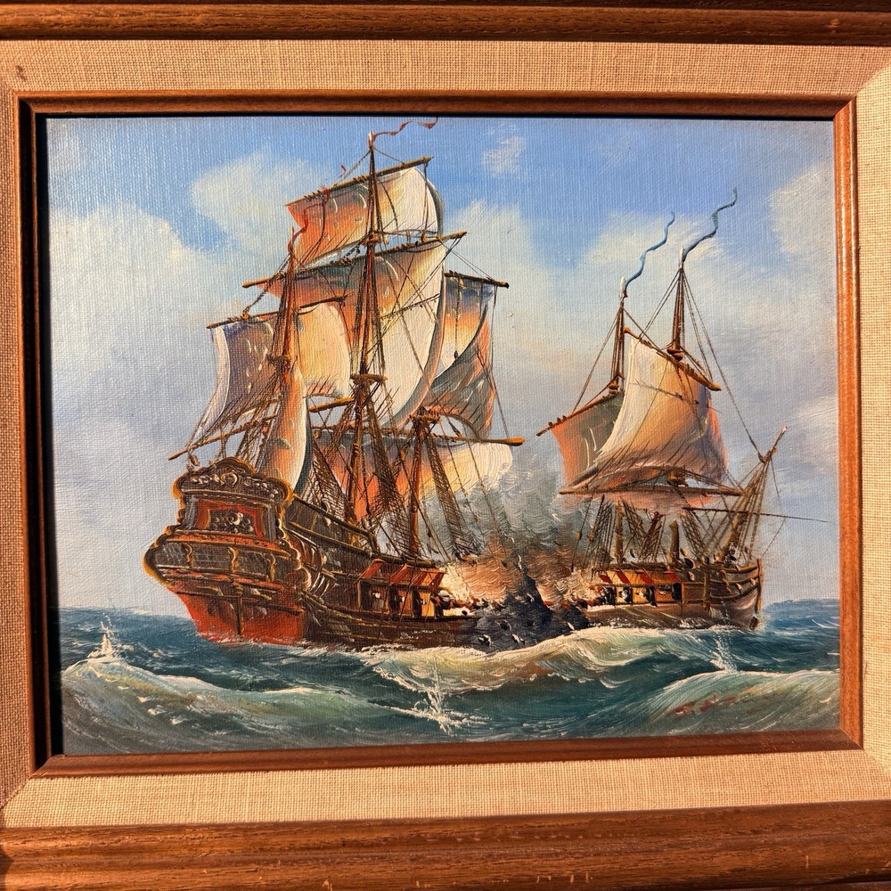 Vintage J. Harvey Original Maritime Oil Painting — 18th Century Tall Ships