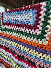 Vtg Handmade Crochet Afghan Throw Granny Blanket Multicolor Rainbow 64″ X 51″