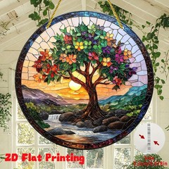 Tree of Life Landscape Round Acrylic Suncatcher Window Hanging Home Garden Decor