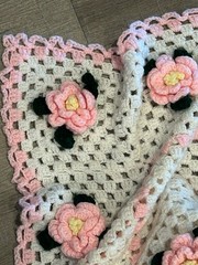 Vintage Handmade Crochet Afghan Throw Blanket White 3D Pink Roses Cottage Core