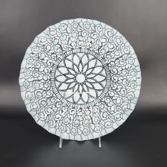Signed Sydenstriker Fused Glass 12″ Serving Plate White Lace Design Ruffled Edge