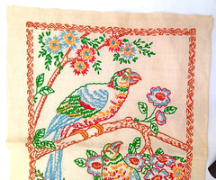 Vintage Embroidered Parrots Floral Doily Wall Art Hanging Multicolor Home Decor