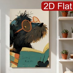 Black Dog Reading Book with Glasses Canvas Wall Art, Whimsical Pet Home Decor