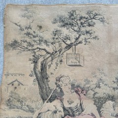 Vintage French Country Tapestry Fabric Panel Pastoral Scene Figures Sheep Birds