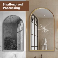 Gold Arched Wall Mounted Bathroom Metal Frame Vanity Mirror w/Shatterproof Glass