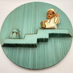 Vintage Mid Century Chalkware Wall Plaques Set of 2 Asian Figures Teal Gold 8.5″