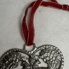 Vintage Pewter Heart Shaped Handmade Wall Decor Two Peacocks