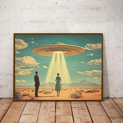 Desert Visit UFO Print – Vintage Atomic Age Mid Century Wall Art Poster