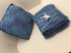 AFGHAN AND 16″ PILLOW – Hand Knit – Blue & Blue/Purple Mix- Machine Wash/Dry
