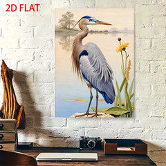 Framed Blue Heron Wall Art Lakeside Wildlife Painting,Coastal Nature Decor Print