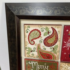 Framed Set Of 4 Wood Squares Christmas Themed Stocking, Holly, Poinsettias 18X18