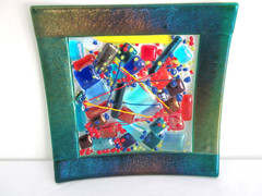 Fused Art Glass Multicolor Dichroic Square Trinket Candy Dish Plate 7×7 Inches