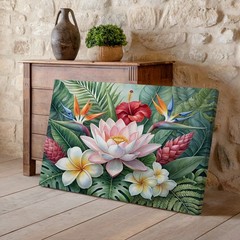 Tropical Flower Canvas Wall Art with Lotus Hibiscus Plumeria & Bird of Paradise