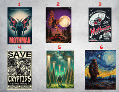 Cryptid Wall Collage Poster Prints – Bigfoot – Mothman – Aliens – UFO