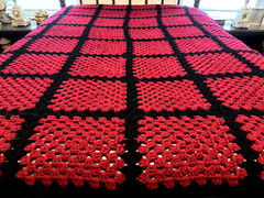 Vintage Crochet Throw Afghan Blanket 60×78 Deep Red Squares Outlined in Black