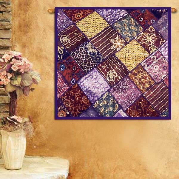 40″ Purple Wall Hanging Handmade Art Square Branded Gift Tapestry Vintage Beaded