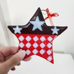 Fused Glass Red White Blue Star AMERICANA Hanging Suncatcher SUMMER 4TH JULY
