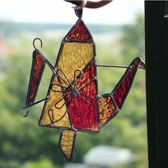 Vintage Stained Glass Teapot Suncatcher Amber Burgundy Yellow Art Glass Hanging