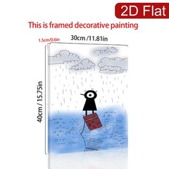 One-Eyed Black Character in the Rain Canvas Wall Art, Whimsical Minimalist Decor